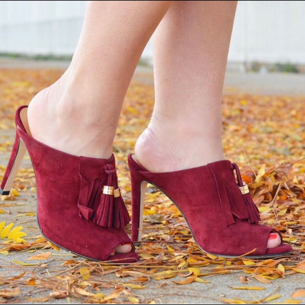 Cecelia Mary Red Suede Peep Toe Tassel Fringe Heels